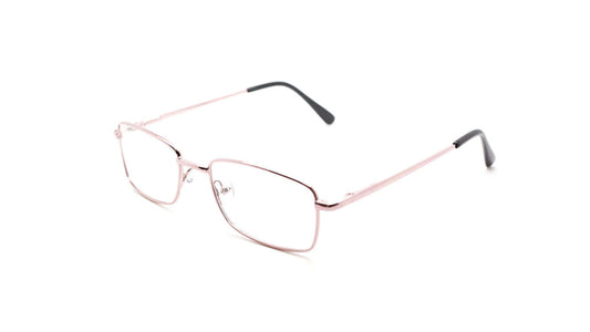 Stylish pink metal eyeglasses with rectangular frames and black temple tips, perfect for a modern look.