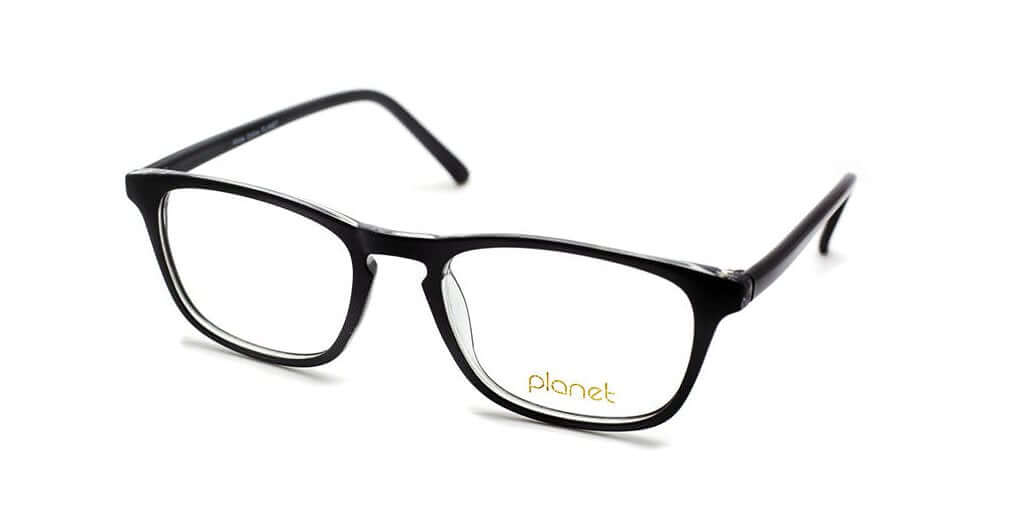 Black eyeglasses from Planet 61, featuring a classic rectangular frame design and subtle branding.