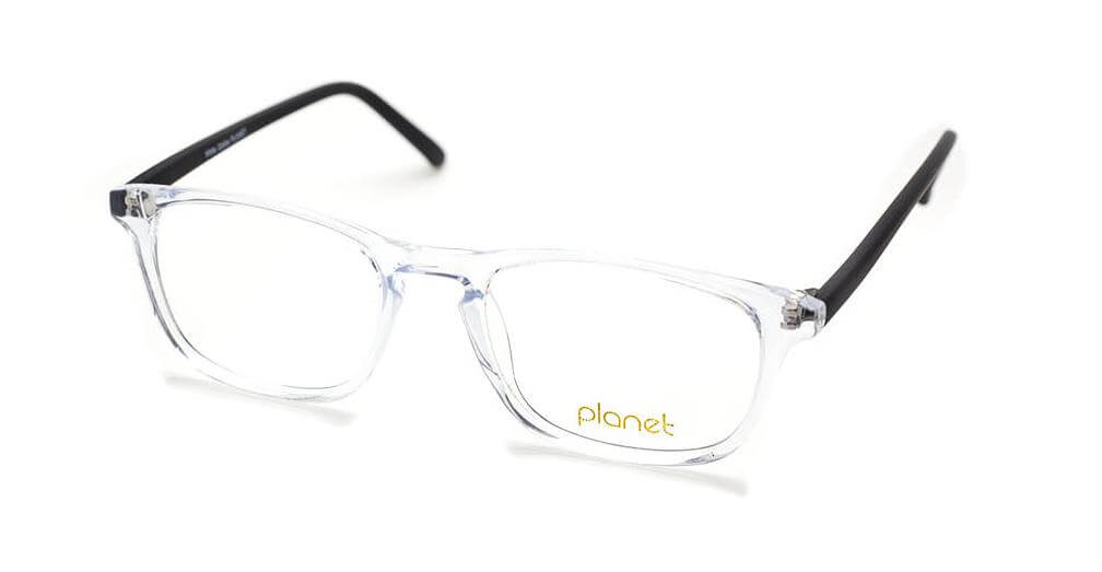 Sleek transparent eyeglasses from Planet 61, featuring a modern design with black arms and a stylish logo.