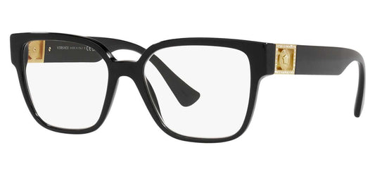 Versace 0VE3329B stylish black eyeglasses with gold accents, featuring a modern square frame design.