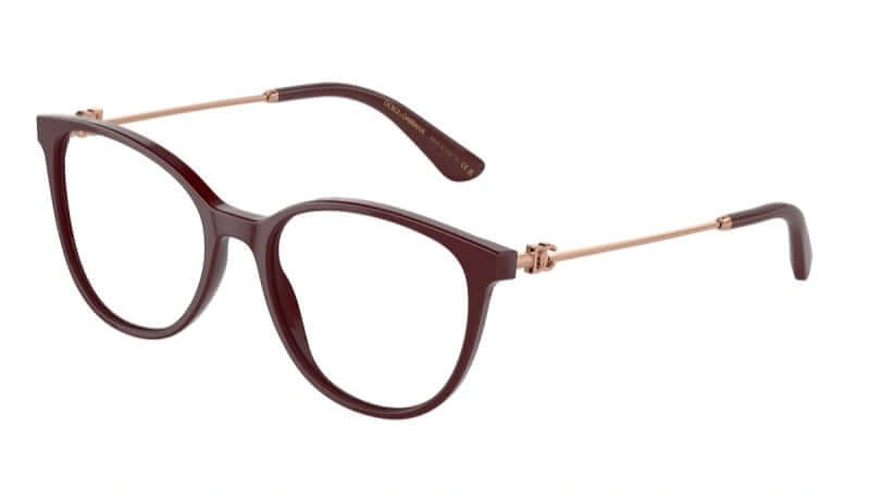 Dolce & Gabbana 0DG3363 stylish oversized cat-eye eyeglasses in dark burgundy with elegant gold accents.