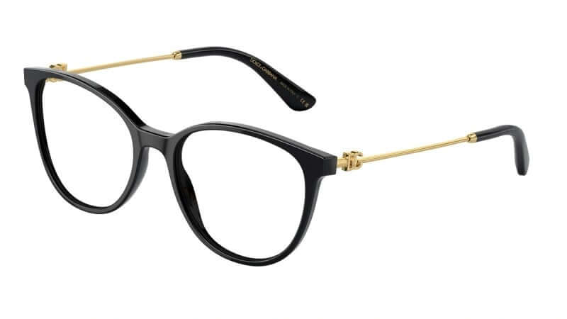 DOLCE & GABBANA 0DG3363 stylish black cat-eye glasses with gold accents, perfect for fashion-forward individuals.