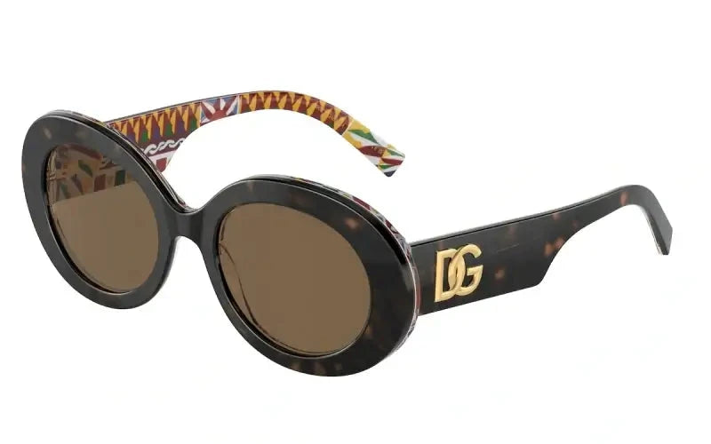 Dolce & Gabbana 0DG4448 sunglasses with unique patterned temple and bold logo, perfect for stylish sun protection.