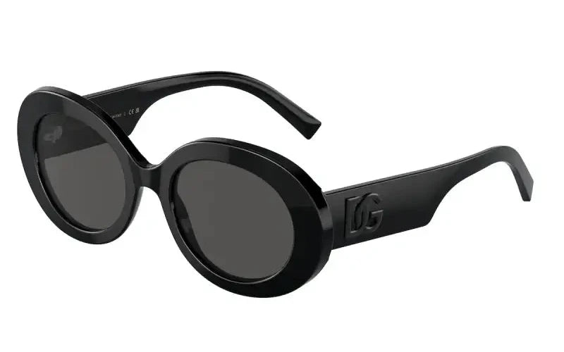 Stylish Dolce & Gabbana 0DG4448 black sunglasses with bold oval frames and logo detailing on the arms.