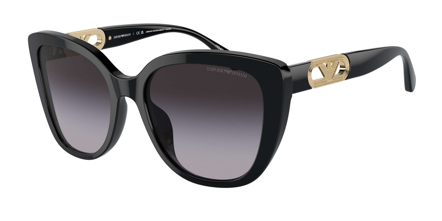 Emporio Armani EA4214U oversized black sunglasses with gold logo accents and gradient lenses. Stylish and chic eyewear choice.