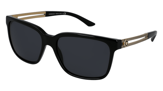 Versace 0VE4307 sunglasses featuring a sleek black frame and stylish gold-accented arms, perfect for fashionable sun protection.