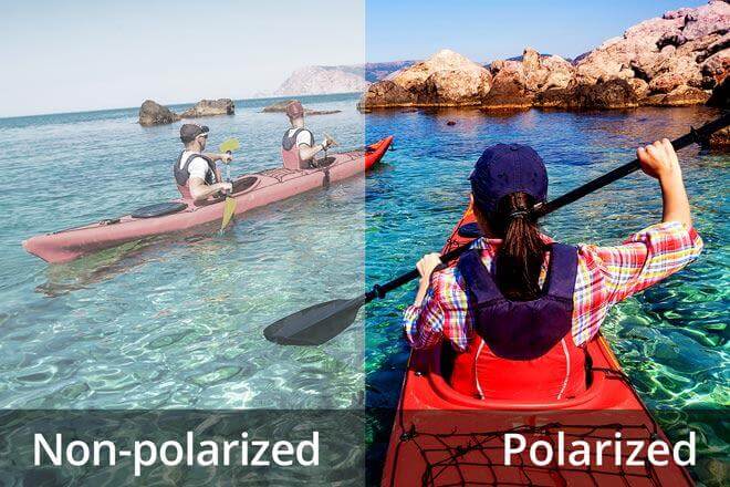 Side by side comparison of polarized and non polarized lenses using the sea, rocks and a canoe. 