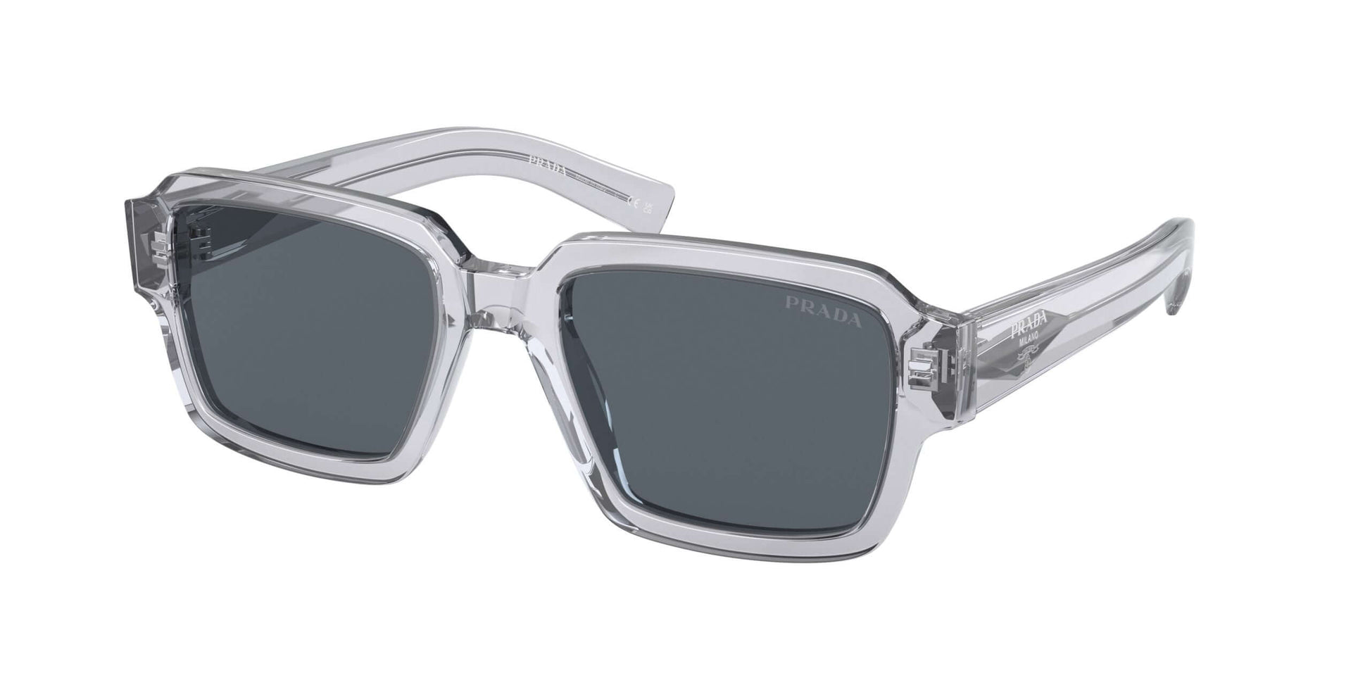 Stylish PRADA 0PR 02ZS sunglasses in clear frame with dark lenses, perfect for trendy summer looks.