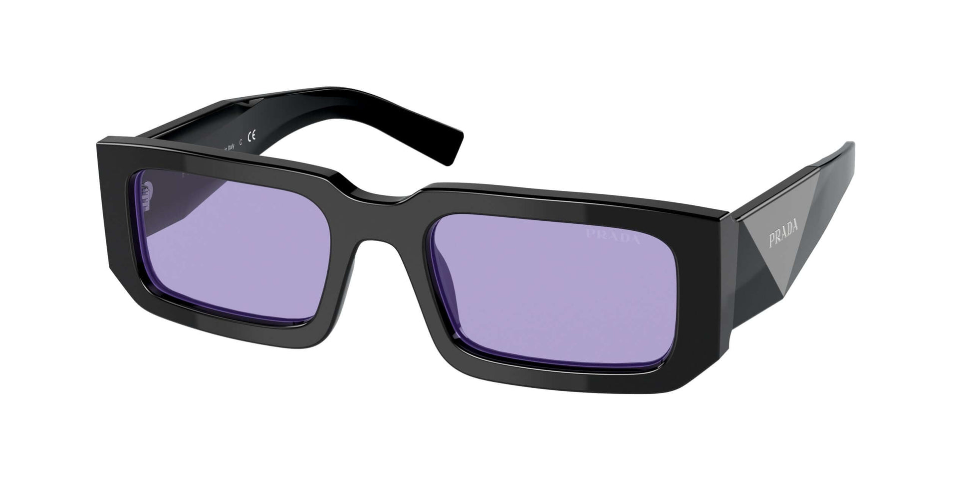 PRADA 0PR 06YS stylish black sunglasses with purple lenses, perfect for making a fashion statement.