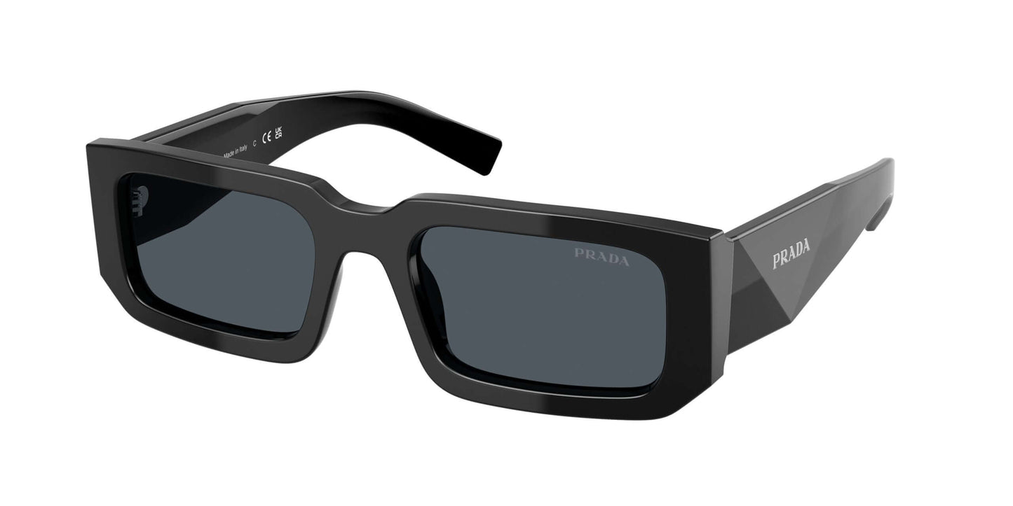 PRADA 0PR 06YS sleek black sunglasses featuring a bold rectangular frame and dark lenses. Perfect for stylish sun protection.