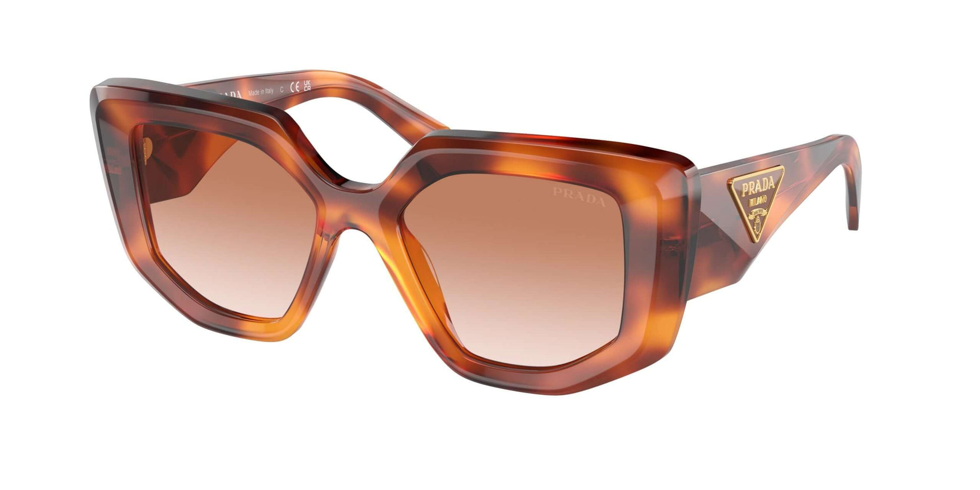 PRADA 0PR 14ZS sunglasses in brown tortoise shell with oversized geometric frame and logo detail, stylish and modern accessory.