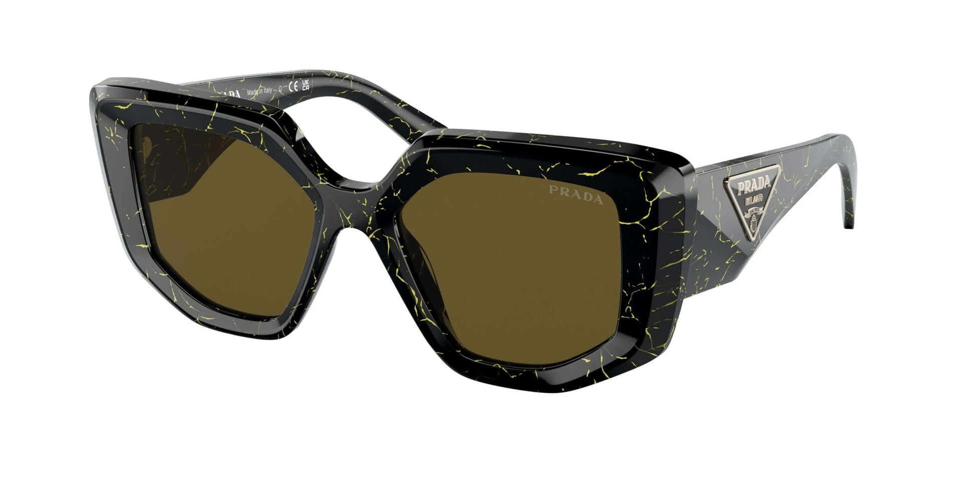 PRADA 0PR 14ZS oversized cat-eye sunglasses with black and yellow design and brown lenses, fashion accessory.