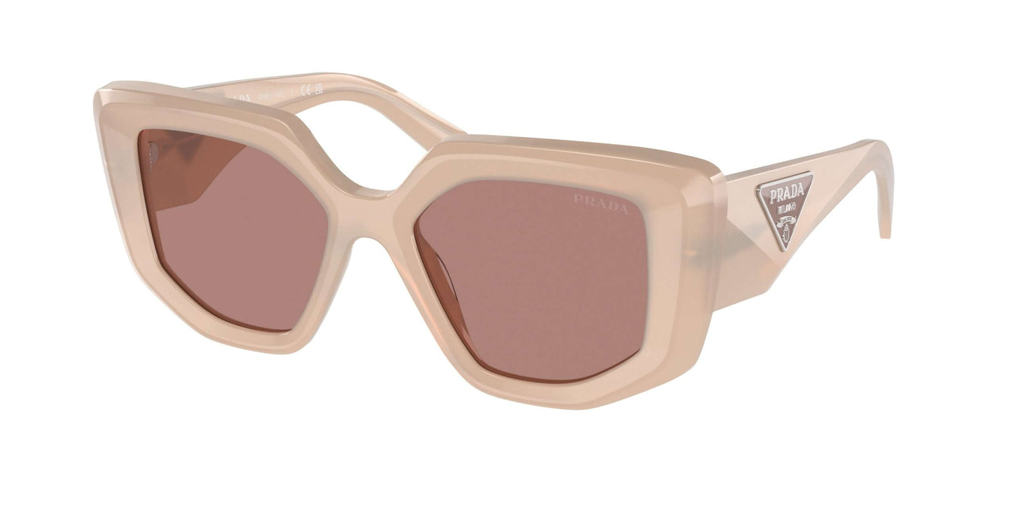 PRADA 0PR 14ZS stylish oversized sunglasses with unique hexagonal shape and brown lenses.