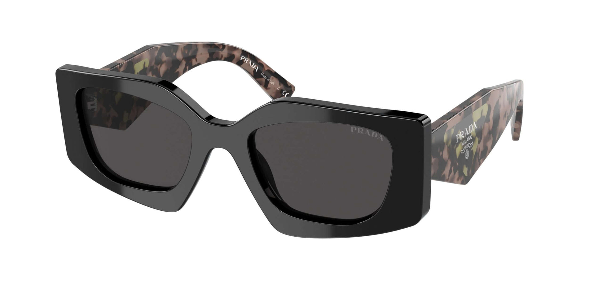 PRADA 0PR 15YS sunglasses in stylish black frame with leopard print arms, offering chic UV protection and modern design.