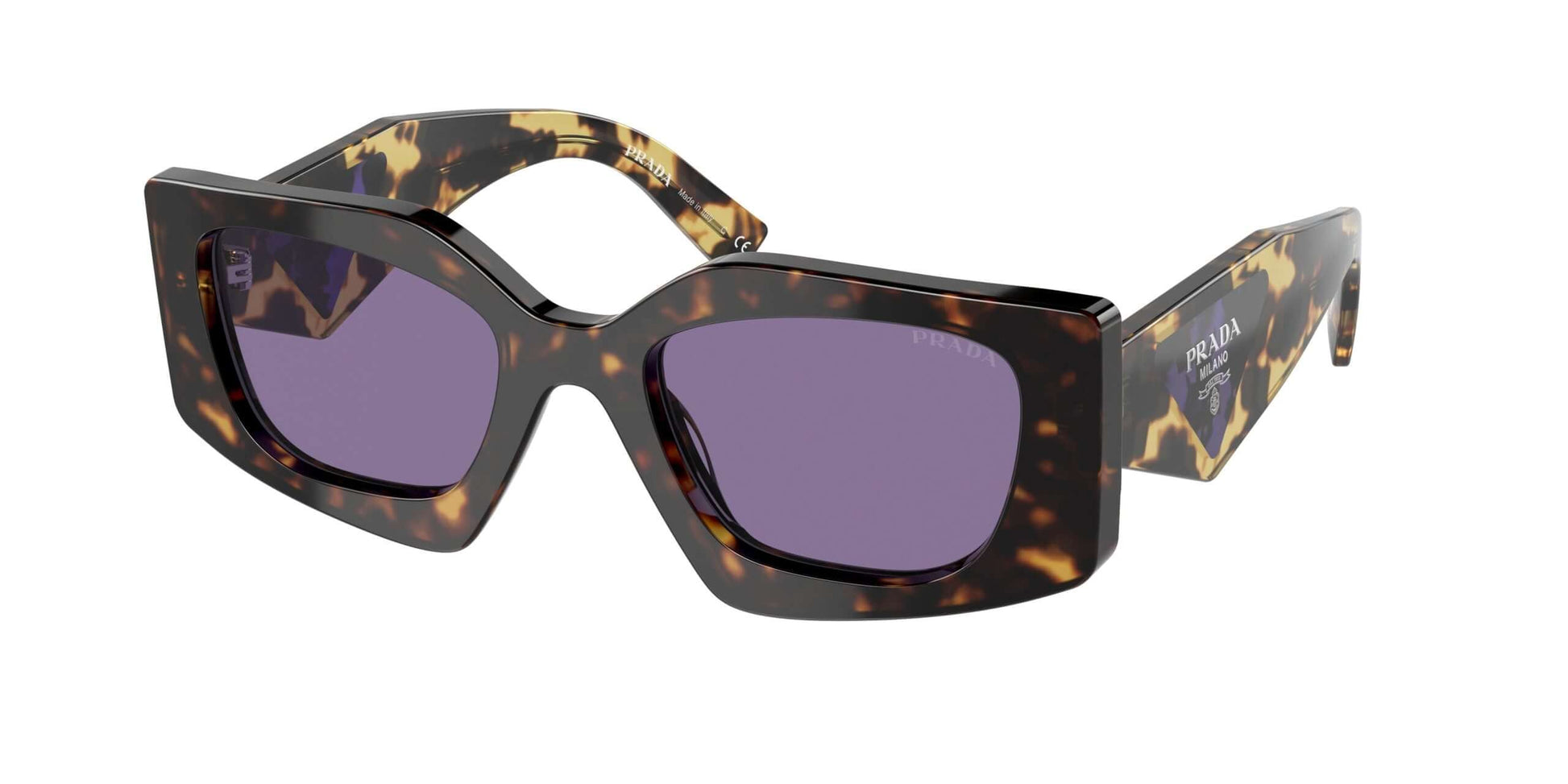 PRADA 0PR 15YS oversized sunglasses in tortoiseshell with purple lenses, combining luxury style and modern design.