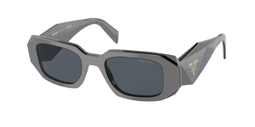 PRADA 0PR 17WS stylish gray sunglasses with dark lenses, showcasing a modern geometric design and luxury branding.