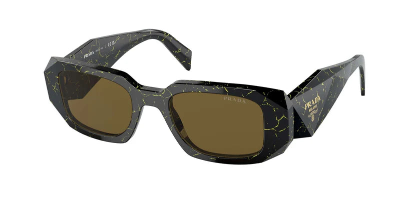 PRADA 0PR 17WS sunglasses featuring a unique black and green design with brown lenses. Stylish and trendy eyewear accessory.