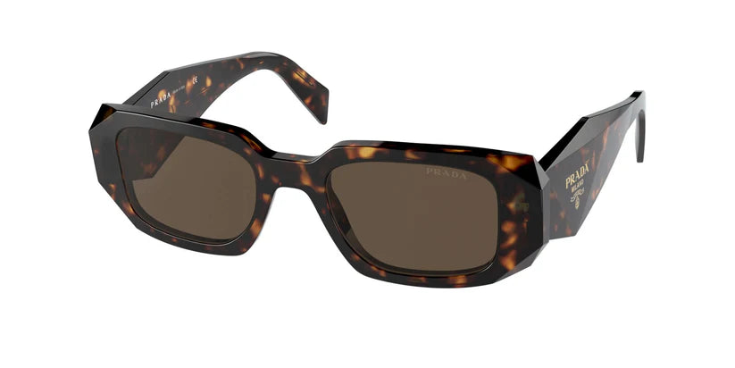 PRADA 0PR 17WS sunglasses in tortoiseshell frame with brown lenses, featuring a stylish geometric design.