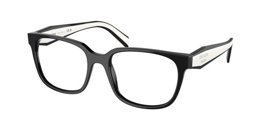 Prada 0PR 17ZV stylish black eyeglasses with unique white detailing on the temples, perfect for fashion-forward individuals.