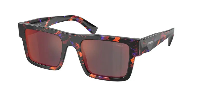 PRADA 0PR 19WS stylish sunglasses with bold multi-color frame and red lenses, perfect for a trendy look.