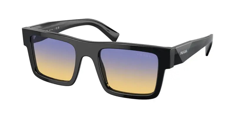 PRADA 0PR 19WS sunglasses featuring a stylish black frame with gradient lenses in blue and yellow hues.