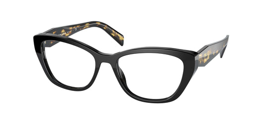 Stylish Prada 0PR 19WV black cat-eye glasses with patterned temples, perfect for a chic look.