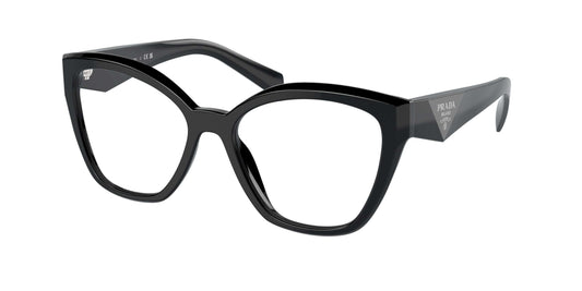 Prada 0PR 20ZV stylish black cat-eye glasses with bold design and logo, perfect for fashion-forward eyewear enthusiasts.