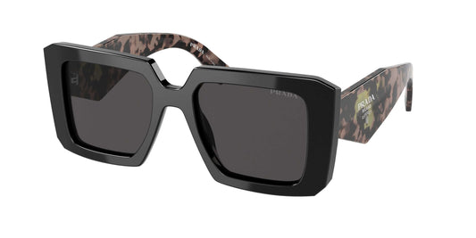 PRADA 0PR 23YS stylish oversized sunglasses with black frames and camo-patterned arms, perfect for trendy looks.