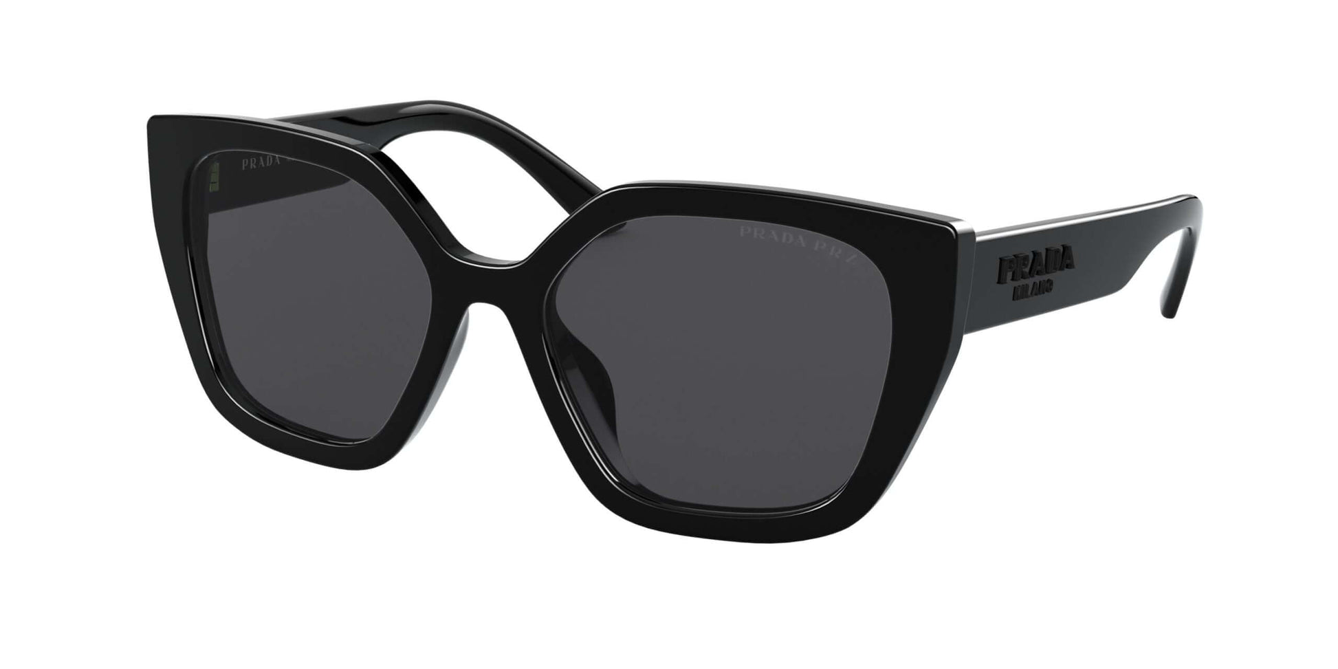 PRADA 0PR 24XS black cat-eye sunglasses with dark lenses showcasing a stylish and modern design.