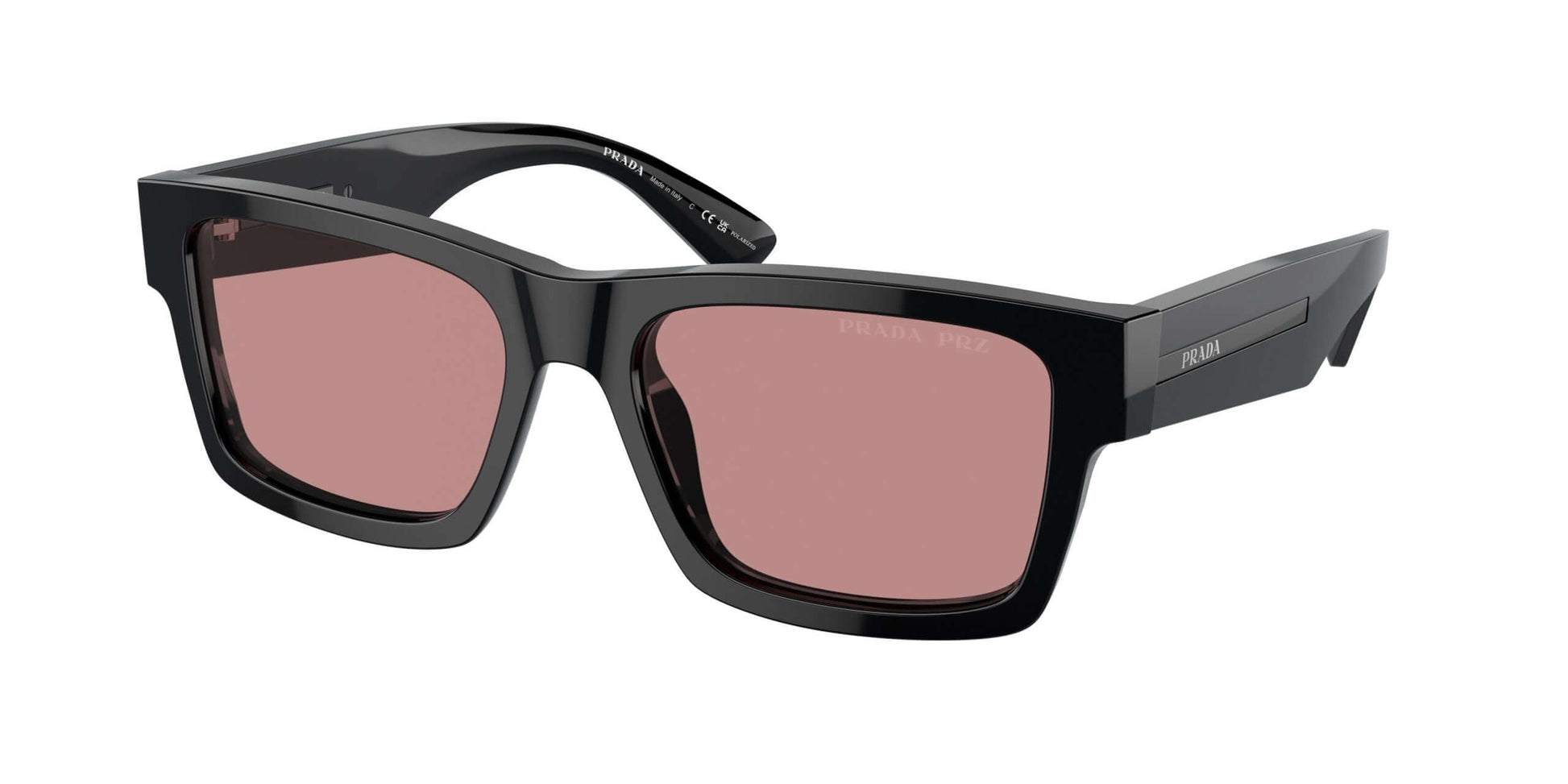 PRADA 0PR 25ZS sunglasses featuring a stylish black frame and rose-tinted lenses for a modern look.