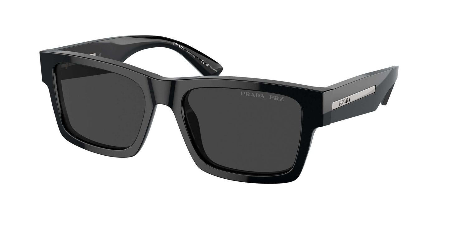 PRADA 0PR 25ZS black sunglasses with bold square frames and silver detailing, perfect for stylish sun protection.