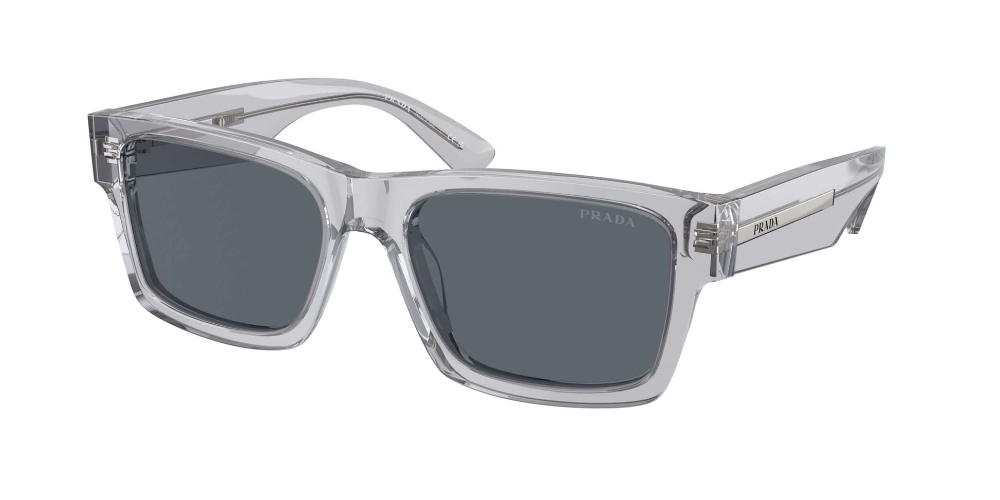 PRADA 0PR 25ZS sunglasses in transparent frame with gray lenses, stylish UV protection eyewear.