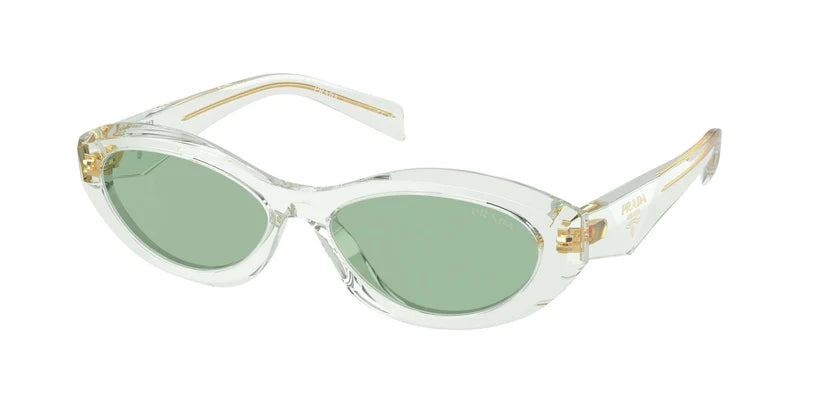 PRADA 0PR 26ZS sunglasses featuring a clear frame and green lenses, perfect for a stylish look.