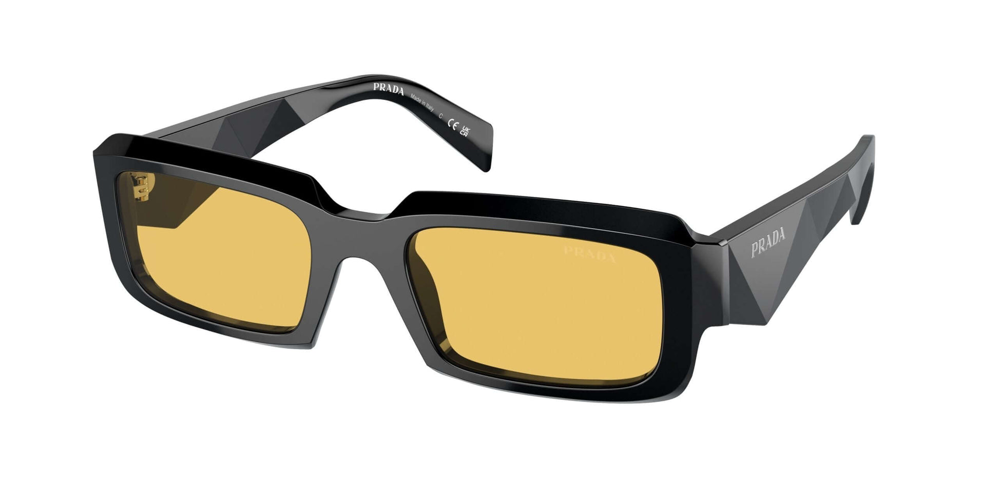 PRADA 0PR 27ZS sunglasses featuring bold black frames and yellow lenses, a stylish accessory for any fashion-forward look.