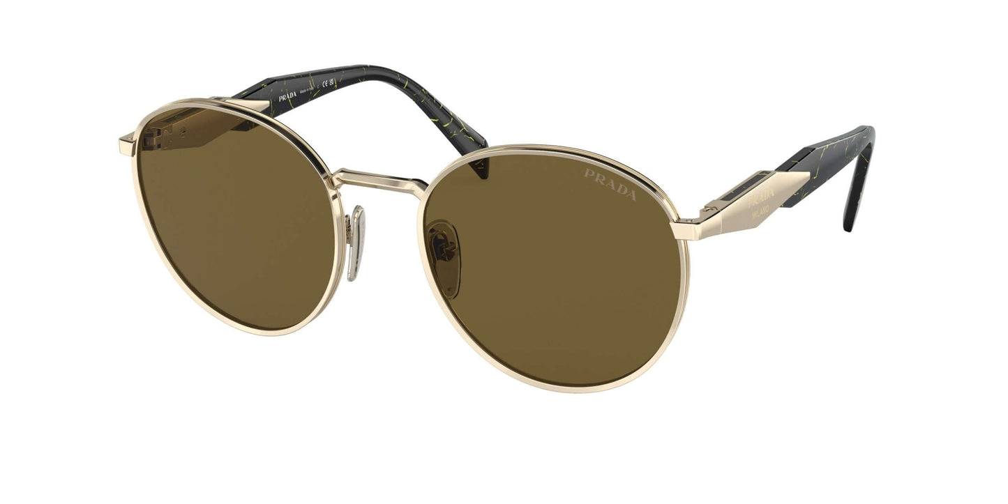 PRADA 0PR 56ZS sunglasses featuring round lenses and stylish black and gold frames, perfect for chic summer looks.