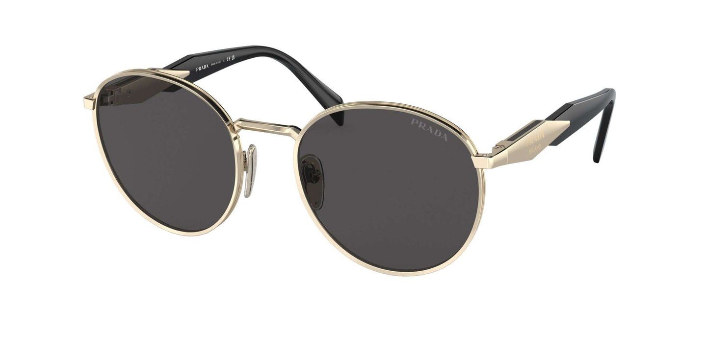 PRADA 0PR 56ZS sunglasses featuring a chic round design with black lenses and elegant golden frames.