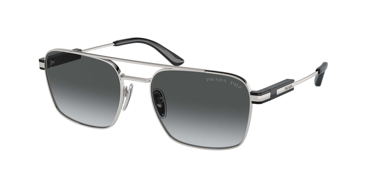 PRADA 0PR 67ZS sunglasses showcasing stylish gray gradient lenses and sleek silver frame design. Perfect for fashion-forward individuals.