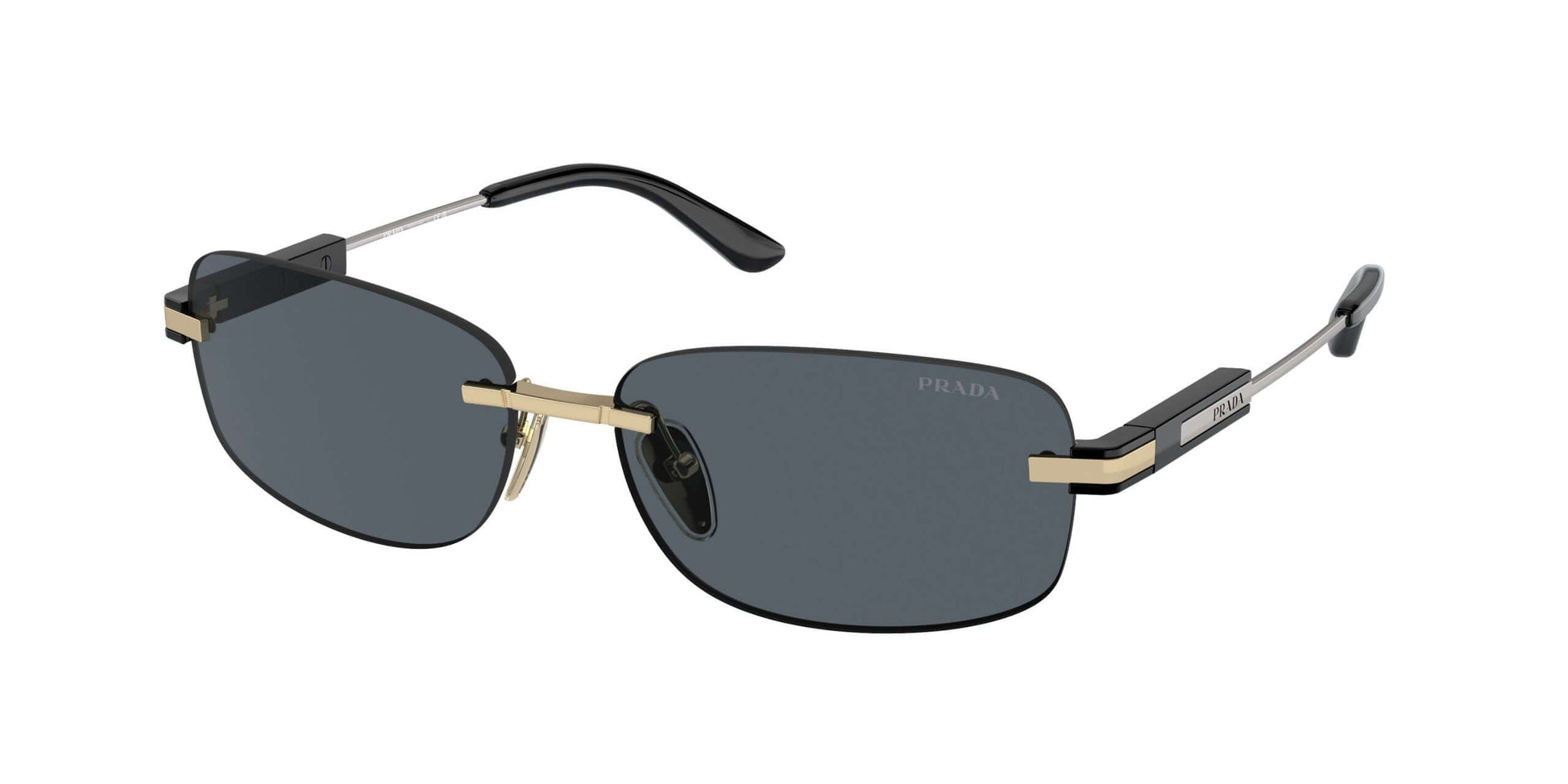 PRADA 0PR 68ZS sunglasses featuring a sleek black frame with gold accents and dark lenses, perfect for stylish sun protection.