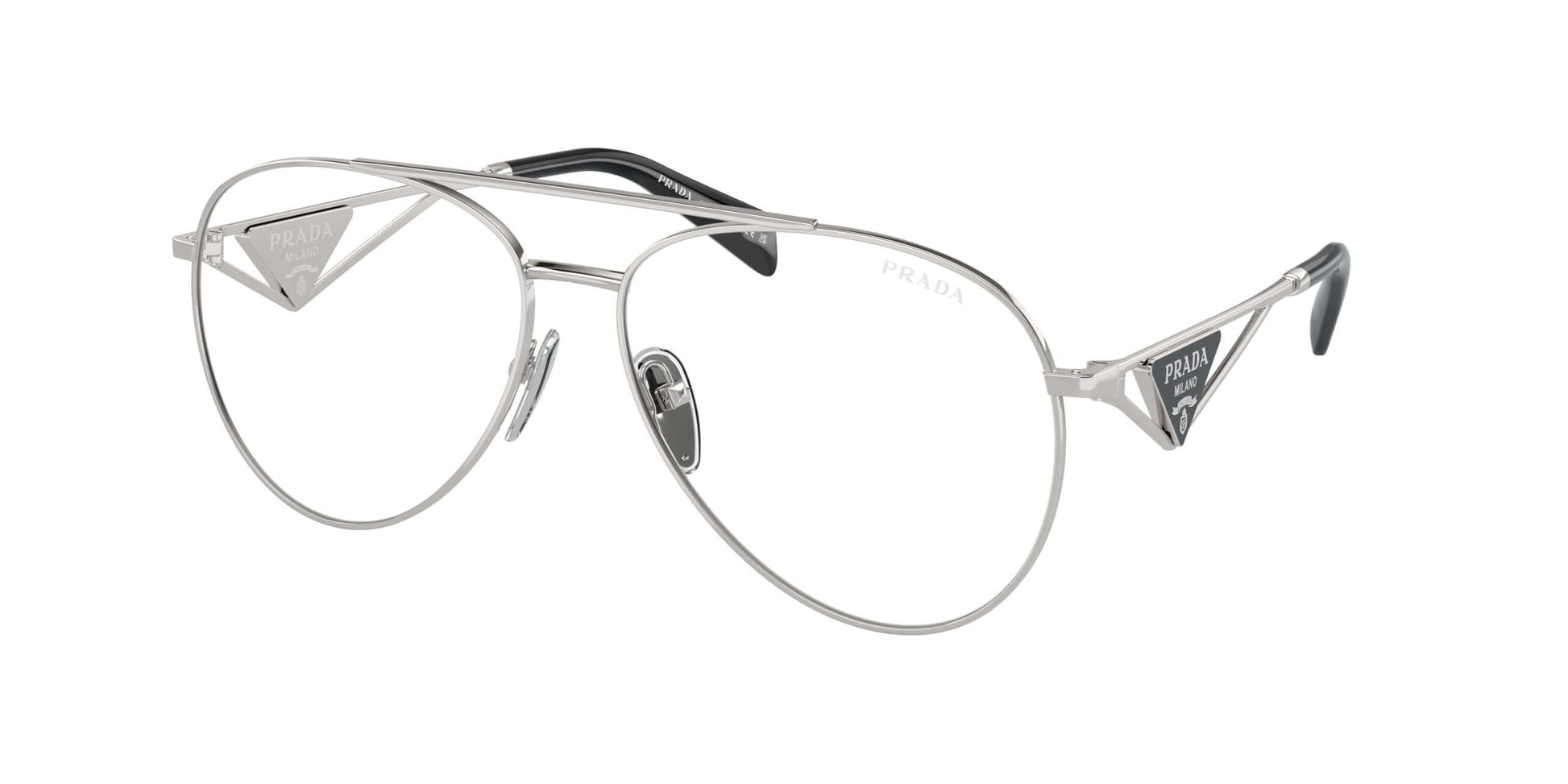 PRADA 0PR 73ZS stylish silver aviator glasses with logo, perfect for a modern fashion statement.