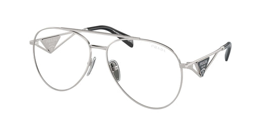 PRADA 0PR 73ZS stylish silver aviator glasses with logo, perfect for a modern fashion statement.