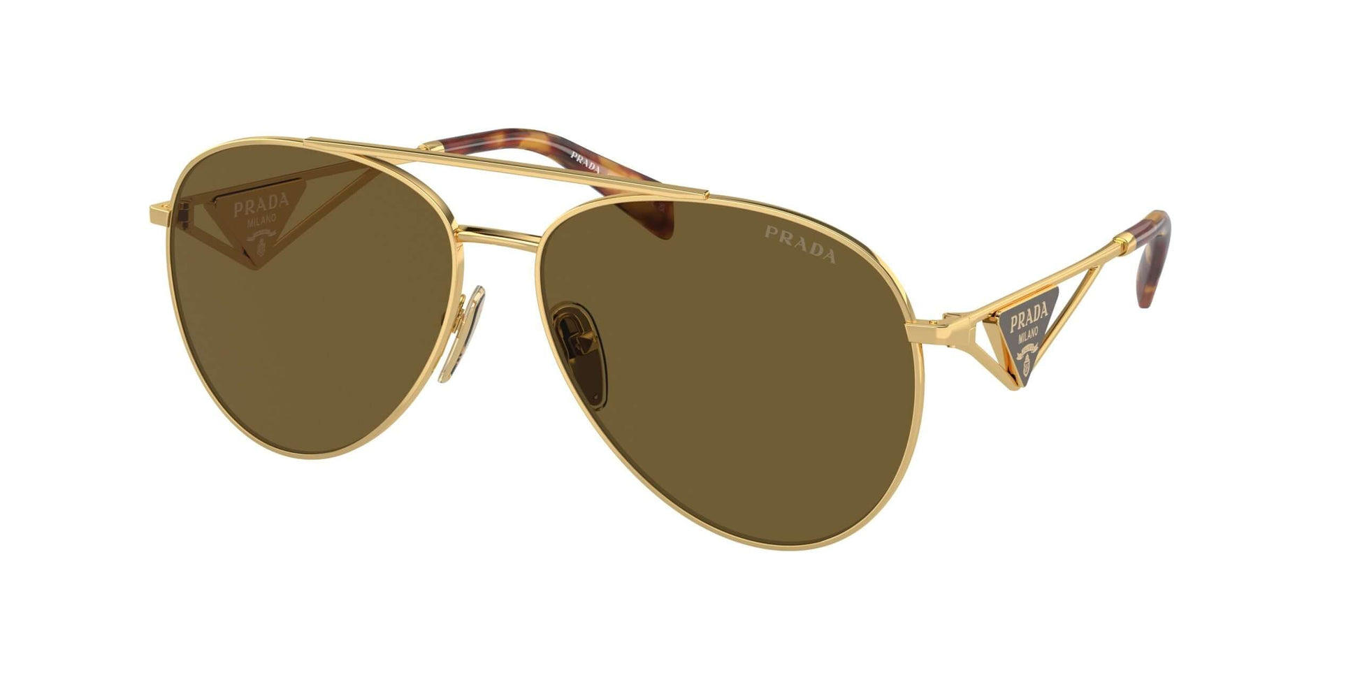 PRADA 0PR 73ZS gold aviator sunglasses with brown lenses and stylish tortoiseshell arms.