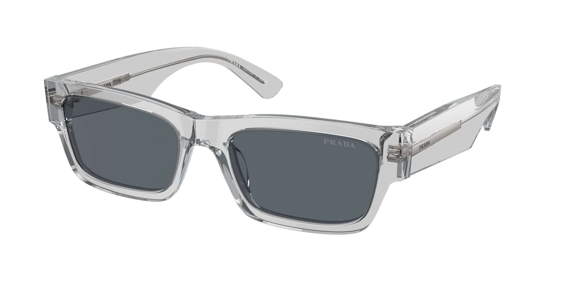 PRADA 0PR A03S transparent sunglasses with gray lenses, stylish and modern eyewear for any occasion.