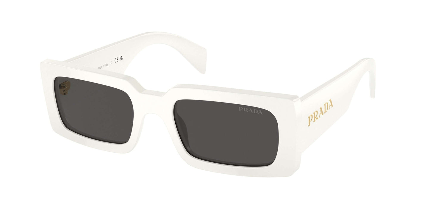 PRADA 0PR A07S sunglasses in white with black lenses, stylish eyewear perfect for summer and prescription needs.