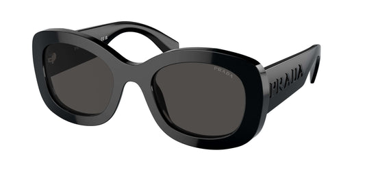 PRADA 0PR A13S oversized black sunglasses featuring a stylish design and logo on temples. Perfect for fashion-forward looks.