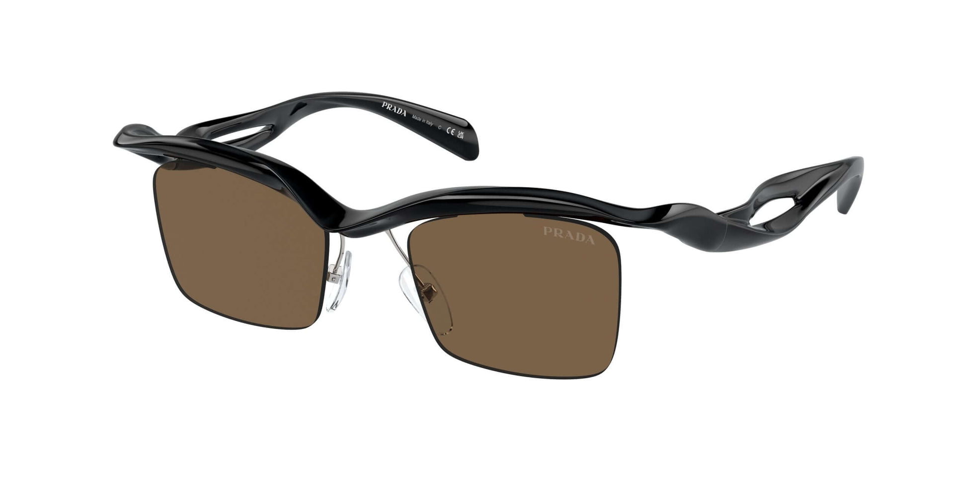 PRADA 0PR A15S sunglasses in sleek black design with brown lenses, showcasing a stylish and modern look.