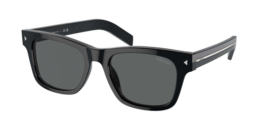 PRADA 0PR A17S black sunglasses with a stylish square frame and gray lenses, perfect for fashion-forward individuals.