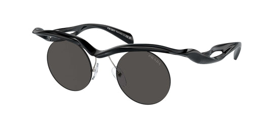 PRADA 0PR A18S sunglasses featuring unique rounded lenses and stylish black frames. Perfect for a bold fashion statement.