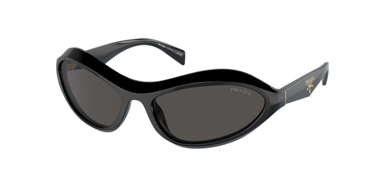 PRADA 0PR A20S sunglasses in sleek black design with stylish curved frames, perfect for summer fashion.