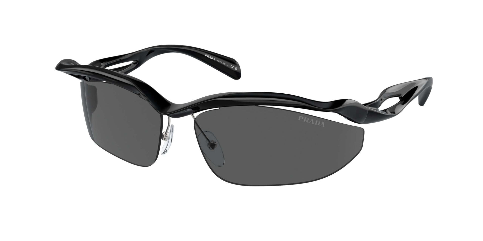 PRADA 0PR A25S stylish black sunglasses with dark lenses, offering a modern and sporty look for ultimate sun protection.