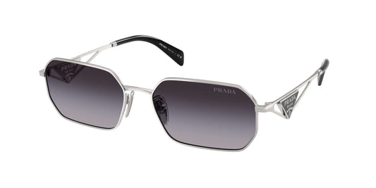 PRADA 0PR A51S trendy silver octagonal sunglasses with gradient lenses and logo detail. Stylish eyewear for luxury living.